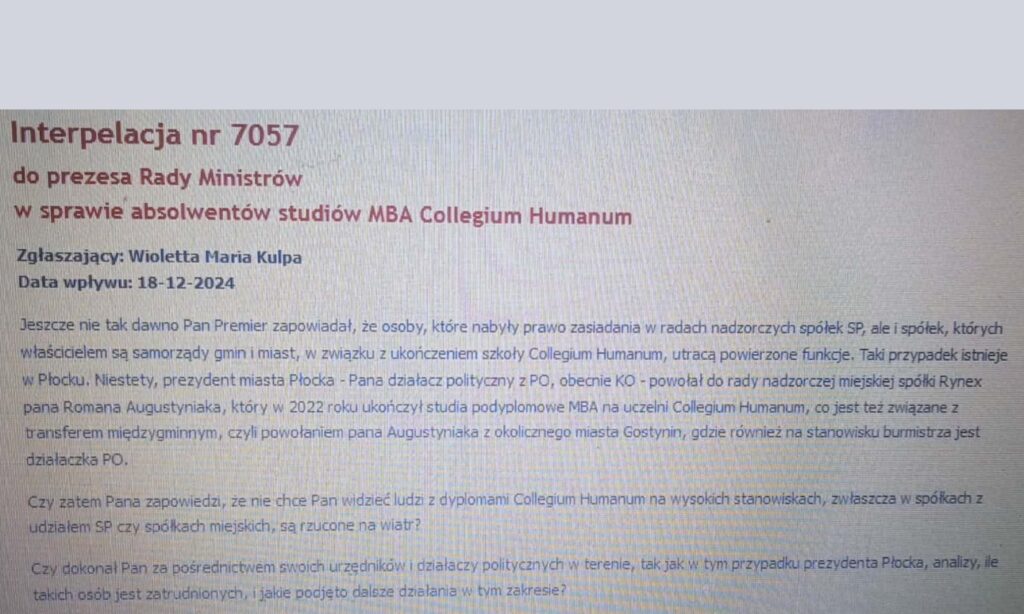 interpelację poselską nr 7057 Wioletty Kulpy 